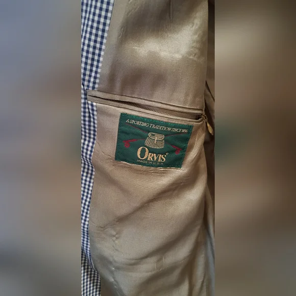 Vtg Orvis Sport Coat Blazer Blue Gingham Mens 46L Made in USA 90s Office Church